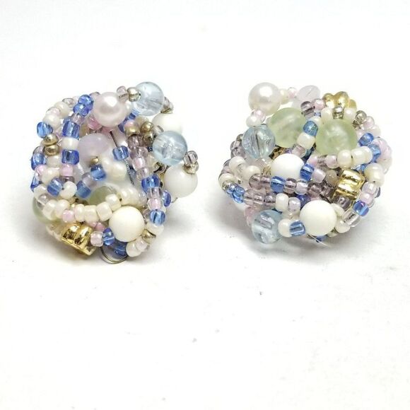 Vintage Purple Blue Beaded Cluster Clip On Earring, Retro 50s 60s Style, Estate - Picture 1 of 5